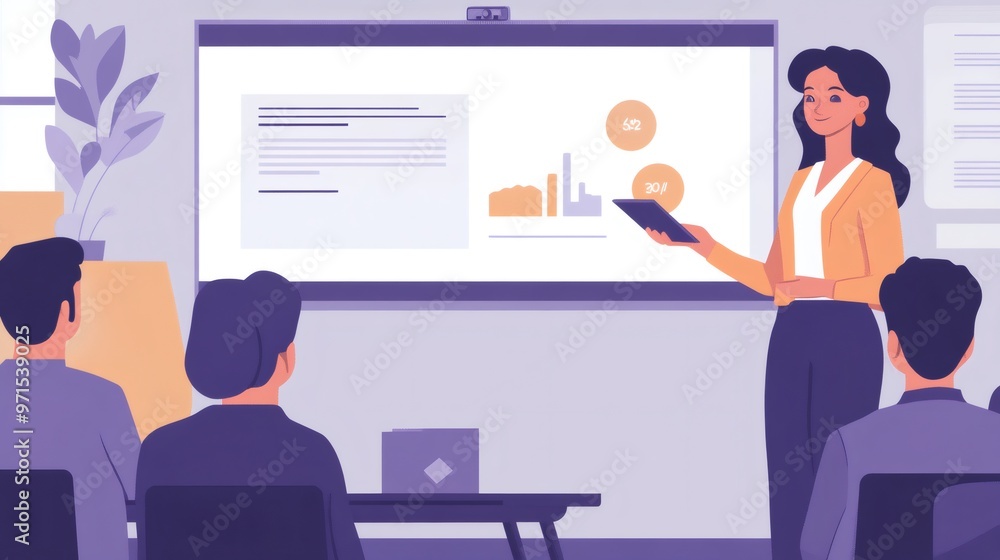 Poster businesswoman giving a presentation to her team, pointing at a graph and chart on a screen with stat