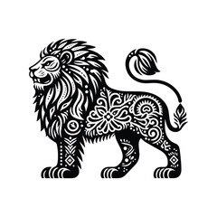 Naklejka premium Lion in folk art black and white silhouette illustration