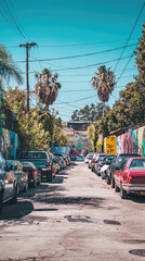 Obraz premium A vibrant urban neighborhood with colorful murals and palm trees