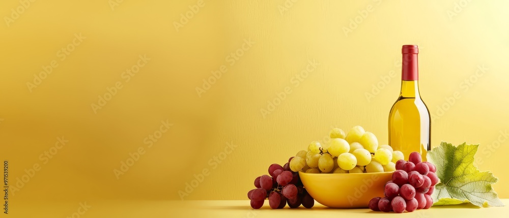 Wall mural  A bottle of wine, a bowl of grapes, and a glass of wine rest on a yellow tablecloth