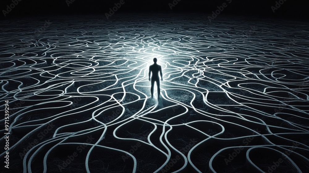 Poster a tangled web of paths with a glowing figure standing at the center, each path branching out into va
