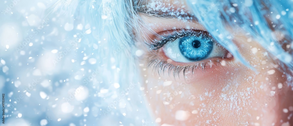 Wall mural  A tight shot of a woman's blue eye, encircled by gently falling snow Her hair billows in the wind