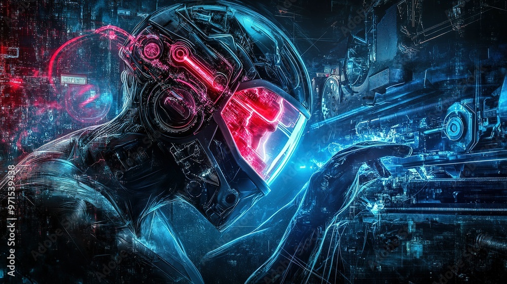 Poster a man wearing virtual reality goggles explores advanced technology against a backdrop of intricate c