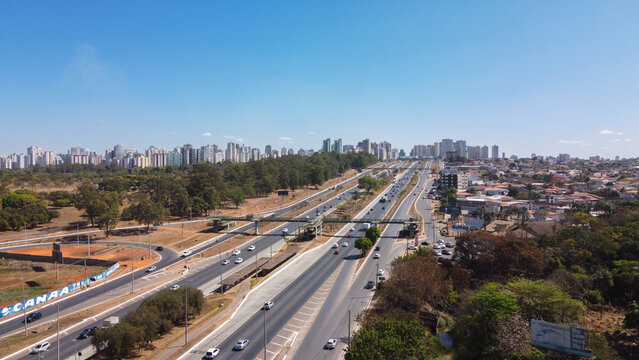 Aerial view taken by drone of the satellite city of Brasilia in Brazil. concept of city, transport, housing, construction, society.