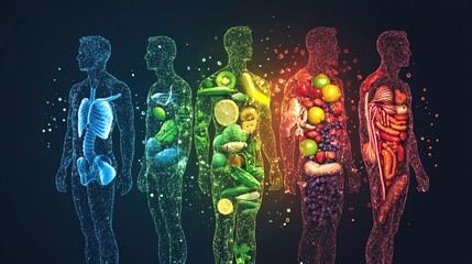 Illustration depicting the human body with organs and nutrients represented, showcasing health and wellness concepts.