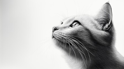  A black-and-white image of a feline face gazing at the sky with wide-open eyes