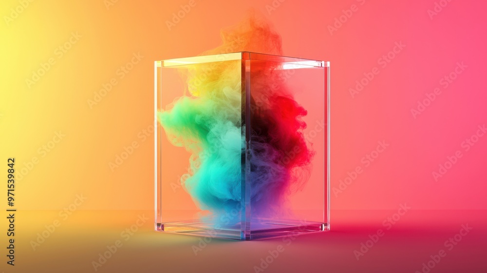 Poster a transparent cube with colorful smoke trapped inside, swirling but visible through the clear walls,