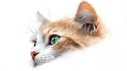 Fototapeta premium A tight shot of a feline's face Mid-frame, a cat boasts emerald eyes Surrounding, pristine white
