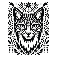 Fototapeta premium lynx cat in folk art black and white silhouette illustration