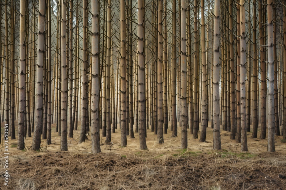 Aufkleber a dense forest of tall, slender trees with straight trunks and sparse branches. the ground is covere