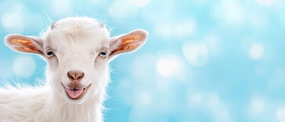 Fototapeta premium A tight shot of a goat's face with a bluesy bokeh of light glowing in the backdrop