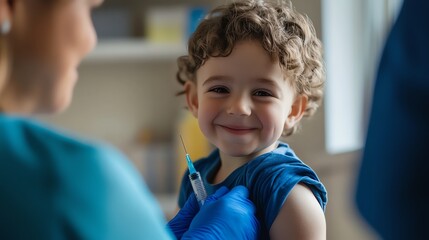 Fototapeta premium Young child smiles while receiving a vaccination in a bright, cheerful medical environment, showcasing the importance of health.