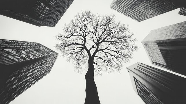 A tree made of corporate skyscrapers with branches being pruned and rearranged, illustrating the idea of trimming inefficiencies and promoting growth during restructuring - Powered by Adobe
