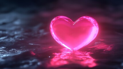 Fototapeta premium A glowing pink heart sits on a dark, textured surface, with a soft reflection below.