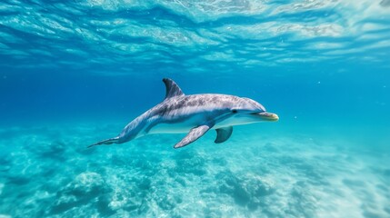 Obraz premium A dolphin swims beneath crystal-clear, blue ocean waters as sunlight penetrates and streams through the surface