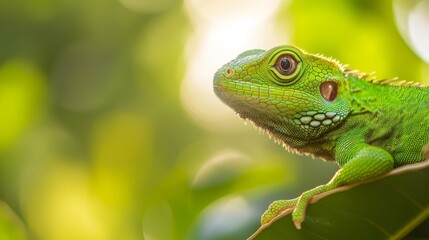 Fototapeta premium A tight shot of a verdant lizard perched on a leafy branch, sunlight filtering through the foliage behind