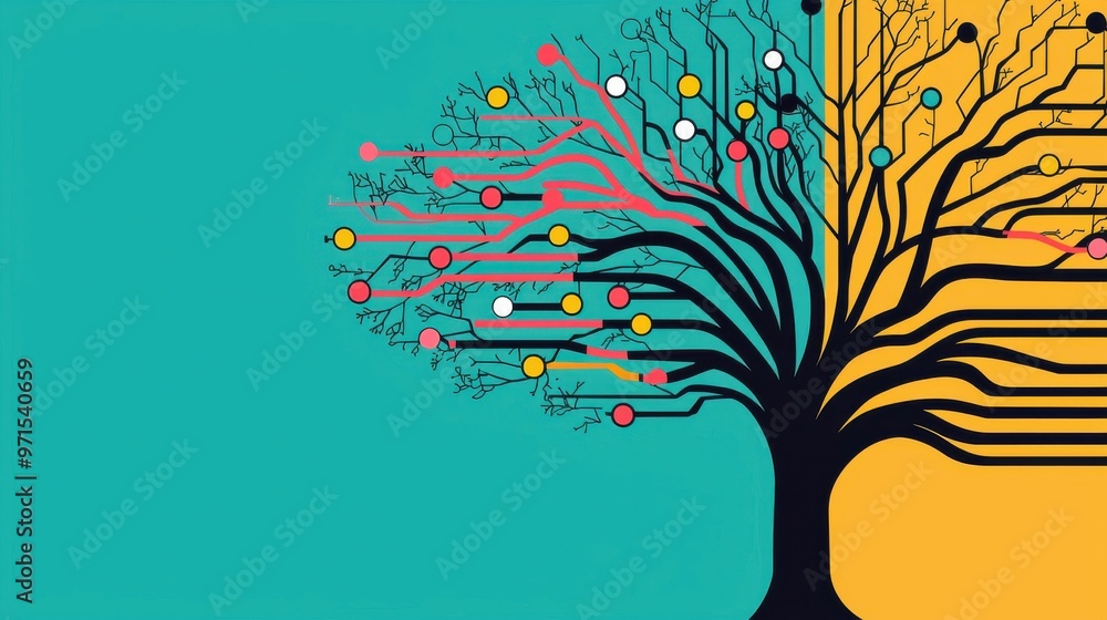 Poster a tree with colorful, geometric branches extending outwards, each branch labeled with different elem
