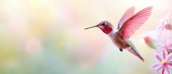 Fototapeta premium A hummingbird hovers in mid-air, wings spread, holding a flower in sharp focus against a softly blurred background