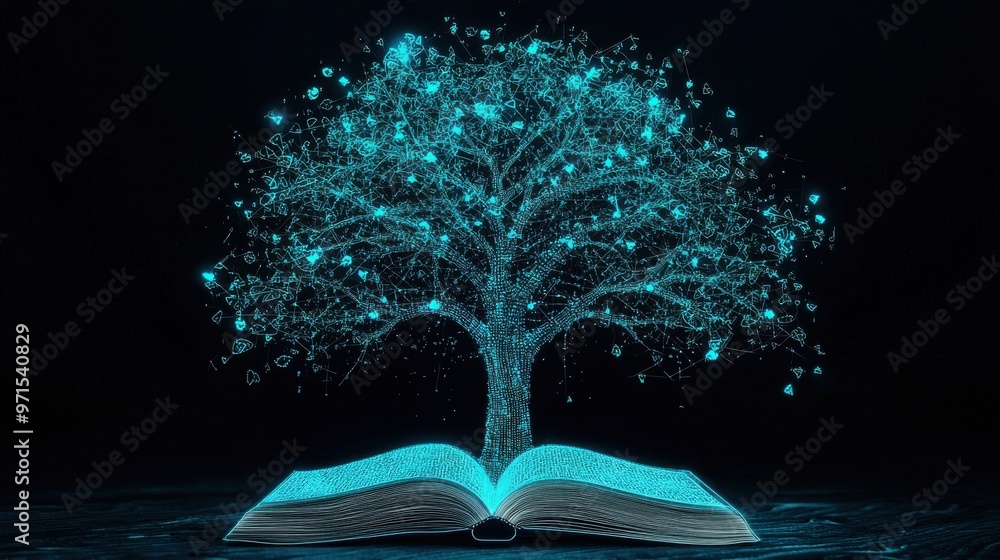 Poster a tree with digital branches, where each leaf represents a specific skill. the tree is glowing, and 
