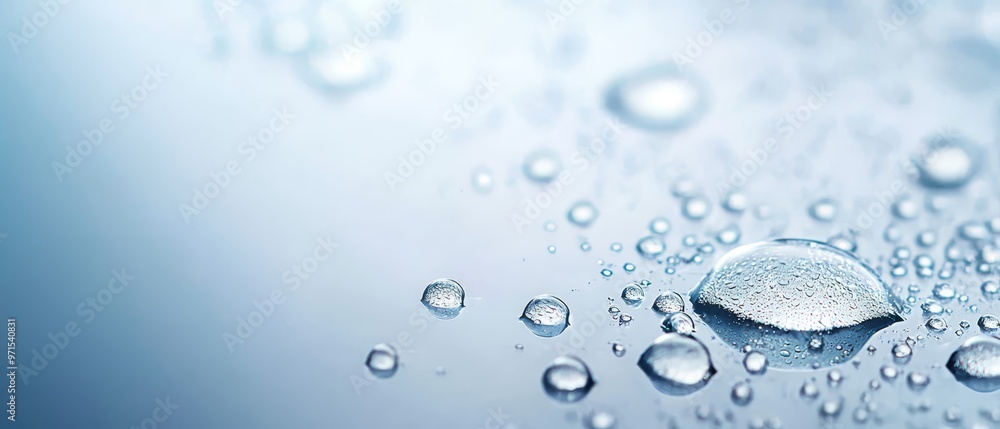 Poster a tight shot of a water droplet against a blue-and-white backdrop; blue sky visible in background