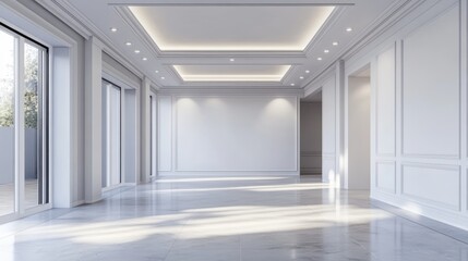 Fototapeta premium Empty room, high ceiling, white walls, modern design generative ai