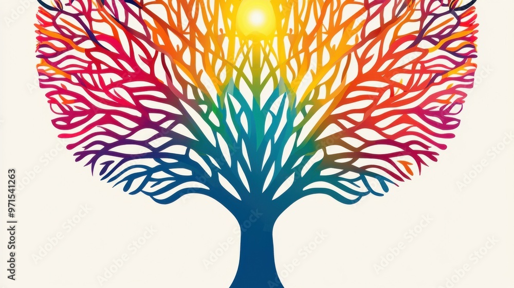 Poster a tree with multicolored branches, where each branch represents different groups of stakeholders, al