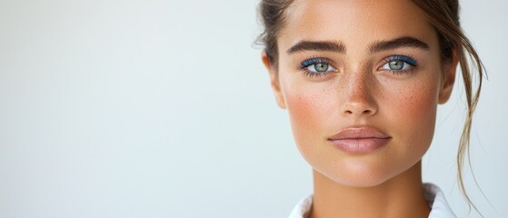 Fototapeta premium A close-up of a woman's face with blue eyes and long hair in a ponytail
