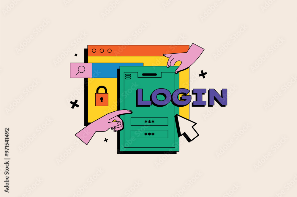 Poster login concept in the flat cartoon style. the image features a web browser interface with a lock icon