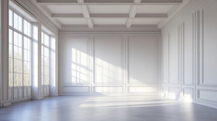 Fototapeta premium Empty room, high ceiling, white walls, modern design generative ai