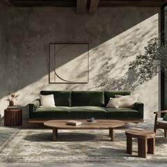 Sunlight Streaming Through a Minimalist Living Room with a Green Velvet Sofa and Wooden Coffee Table, interior design, minimalist living room, modern living room