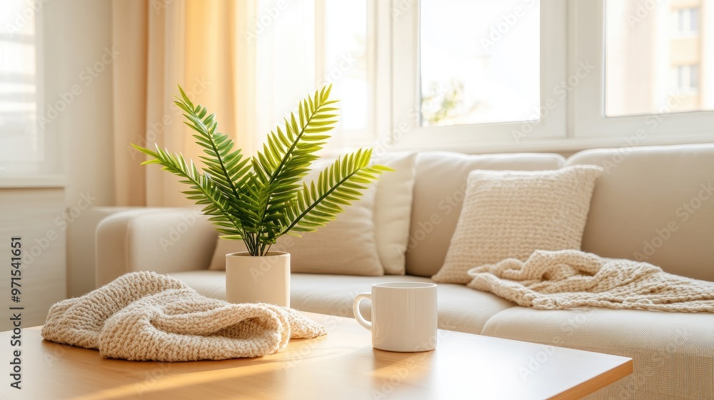 Poster a serene workspace showcases a white fan on a table next to a beige sofa adorned with a soft blanket