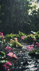 Obraz premium A garden drenched in heavy downpour, with vibrant flowers and lush greenery