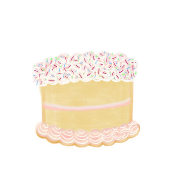 Illustrated Lopsided Vanilla Cake with Whipped Cream and Pink Sprinkles.