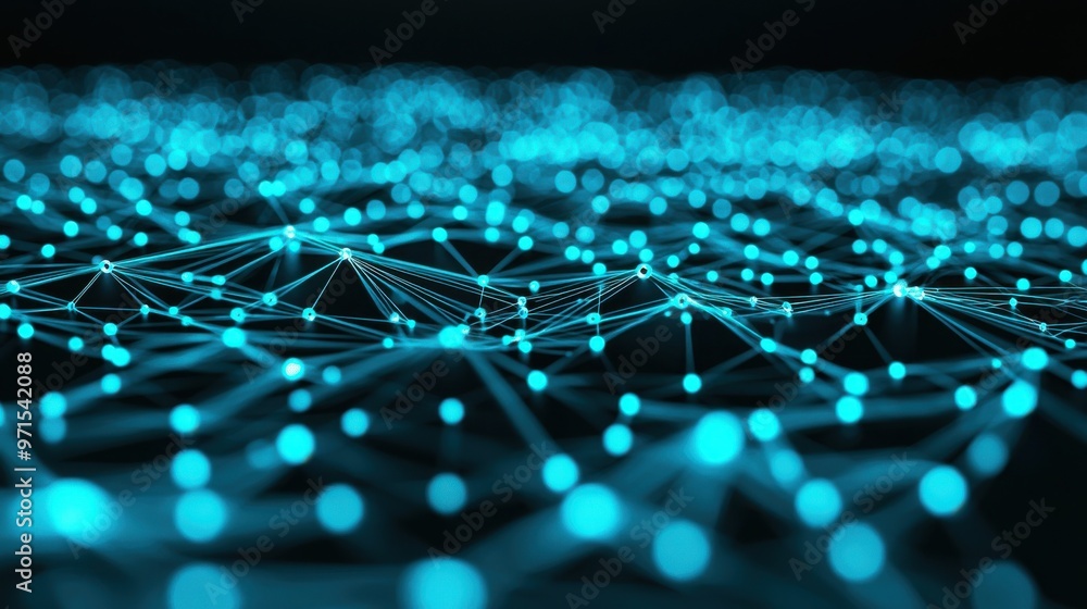 Poster a web of interconnected circuits glowing in shades of blue and green, representing digital workstrea