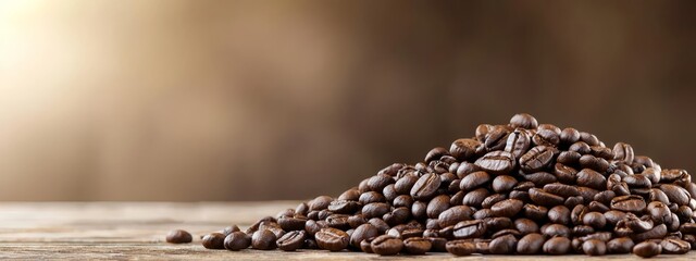 Obraz premium Two piles of coffee beans on separate wooden tables