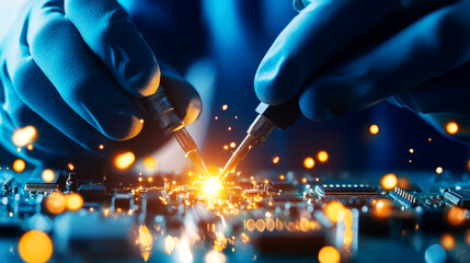 Engineer testing electronic circuit boards with precision tools, electronics quality control, component verification