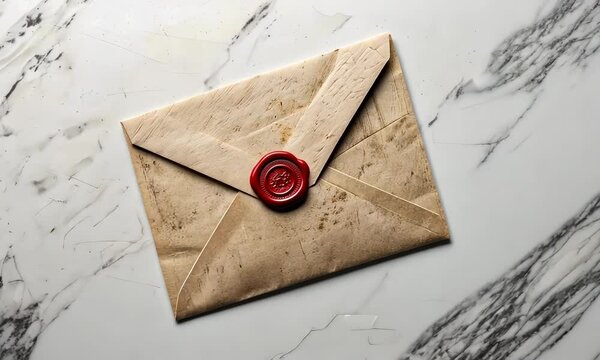 Vintage envelope with red wax seal on marble background