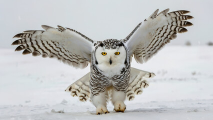 Obraz premium White snowy owl soars silently over a frozen landscape, blending in with its surroundings.