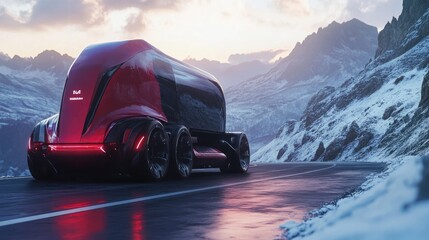 Naklejka premium Futuristic red semi-truck driving on a mountain road at sunset.