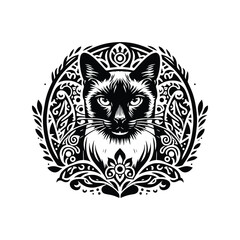 Fototapeta premium Siamese Cat in bohemian black and white silhouette illustration