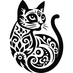 Siamese Cat in folk art black and white silhouette illustration