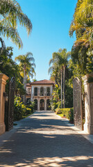 Fototapeta premium A beautiful long narrow driveway leads to gated entrance of luxurious home