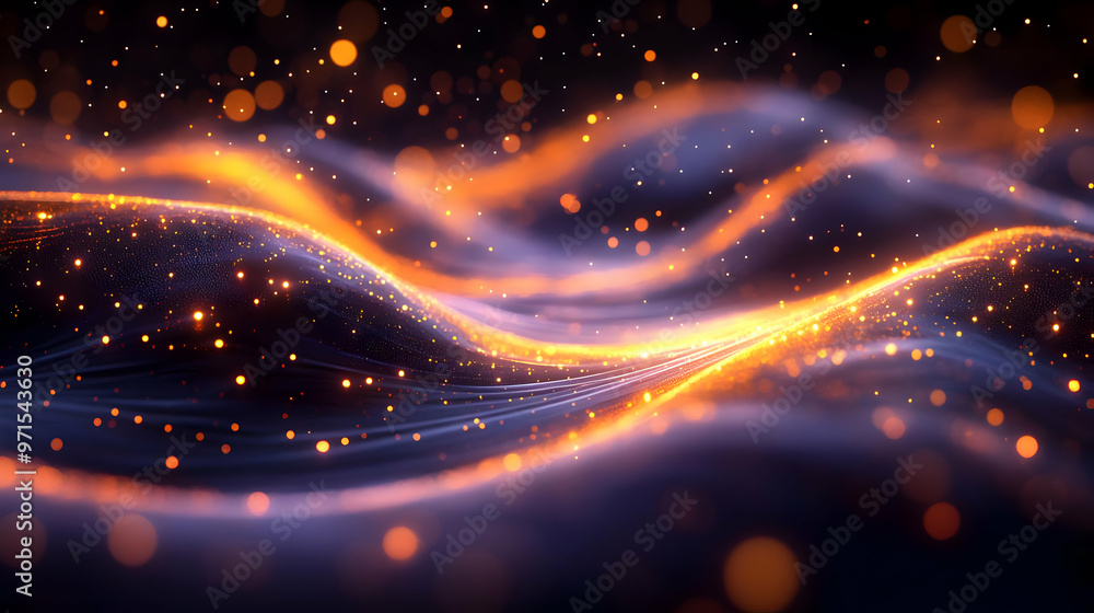 Poster a vibrant abstract representation of flowing waves with glowing particles and dynamic colors.
