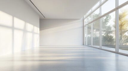 Empty room, large windows, white walls, generative ai