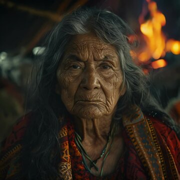 An old gypsy witch sits thoughtfully by a crackling fire in the forest, sharing her mystical insights and stories that reflect her rich heritage and experience.