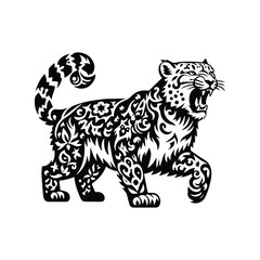 Obraz premium Snow leopard in folk art black and white silhouette illustration