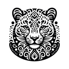 Obraz premium Snow leopard in folk art black and white silhouette illustration