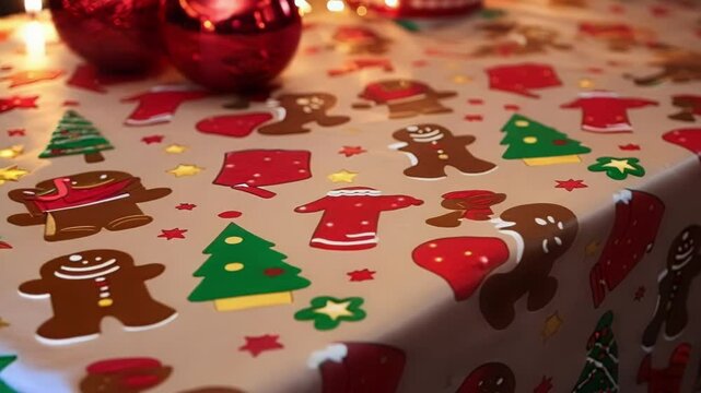 Christmas tablecloth with a pattern of gingerbread men, christmas trees and christmas clothes, perfect for celebrating christmas eve with family