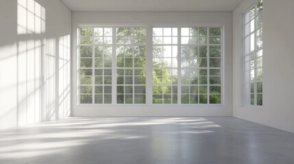 Fototapeta premium Empty room, large windows, white walls, generative ai