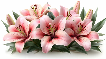A vibrant arrangement of pink lilies surrounded by green leaves.